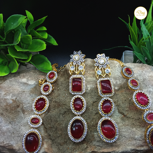 Crimson Tourmaline Stone Studded Silver Plated Jewelry Set with Necklace and Earrings