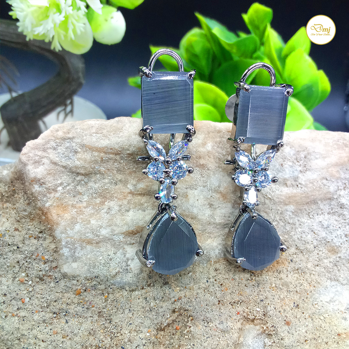 Diwam Jewels Black Silver-Plated Grey Monalisa and CZ Stone Brass Dangle Earrings
