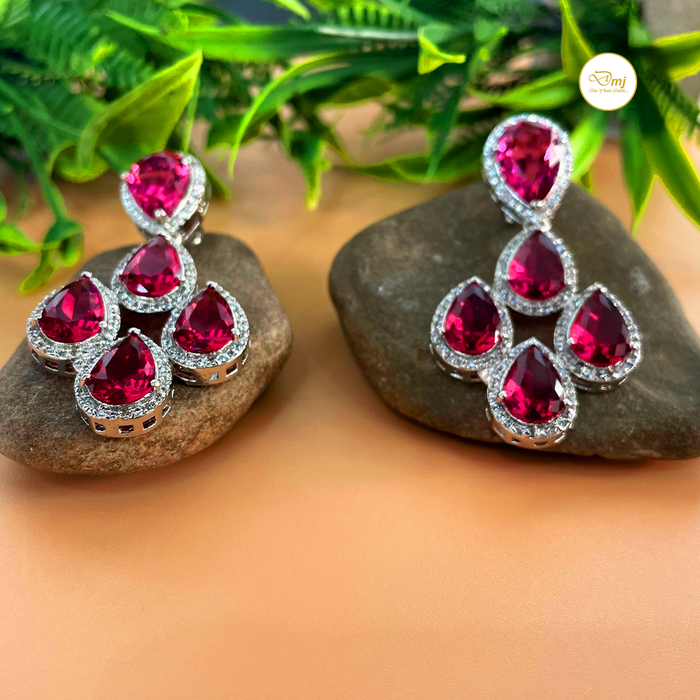 Beautiful Pink Tourmaline & CZ Stone Silver-Plated Dangle Earrings