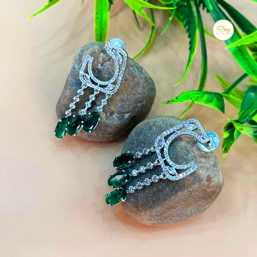 Modern Stylish Silver Plated Earrings Studded with Emerald Stone