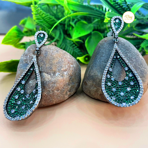 Green Color AD Stone Silver Plated Earrings