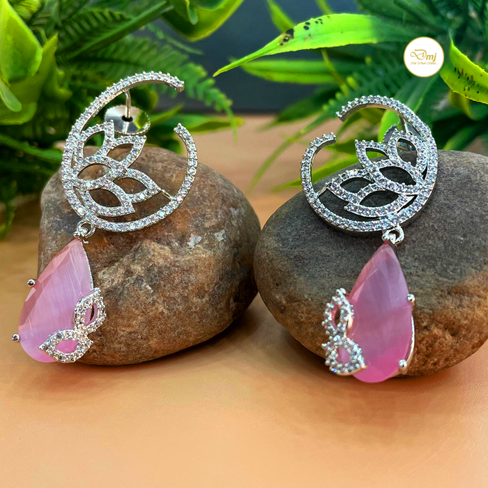 Shine with Diwam Jewels: Silver-Plated Rose Quartz & CZ Stone Dangle Earrings