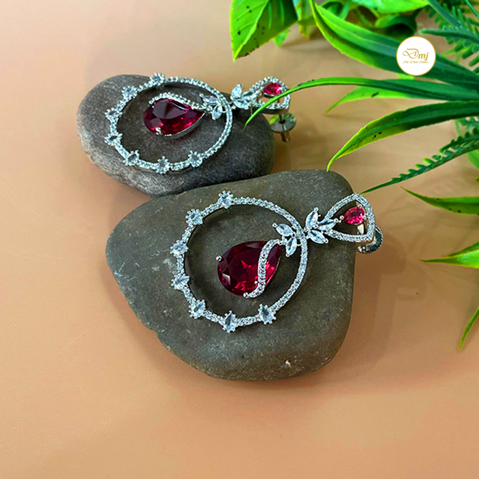 Designer Red Garnet and AD Stone Silver Plated Earrings