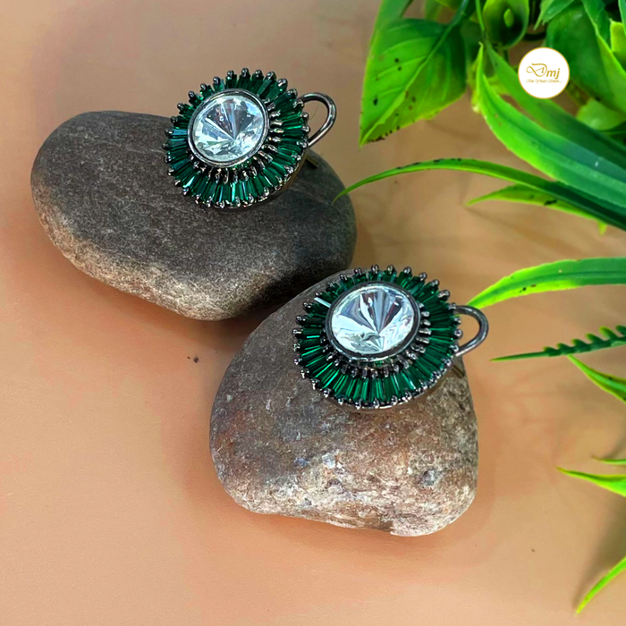 Designer Silver Plated Earrings Emerald & Zircon Stone Studded