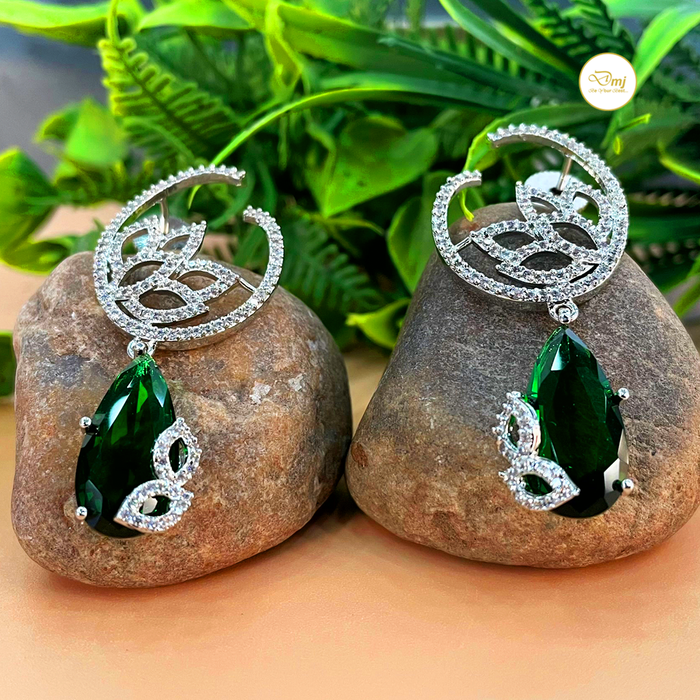 Shine with Diwam Jewels: Silver-Plated Emerald & CZ Stone Dangle Earrings