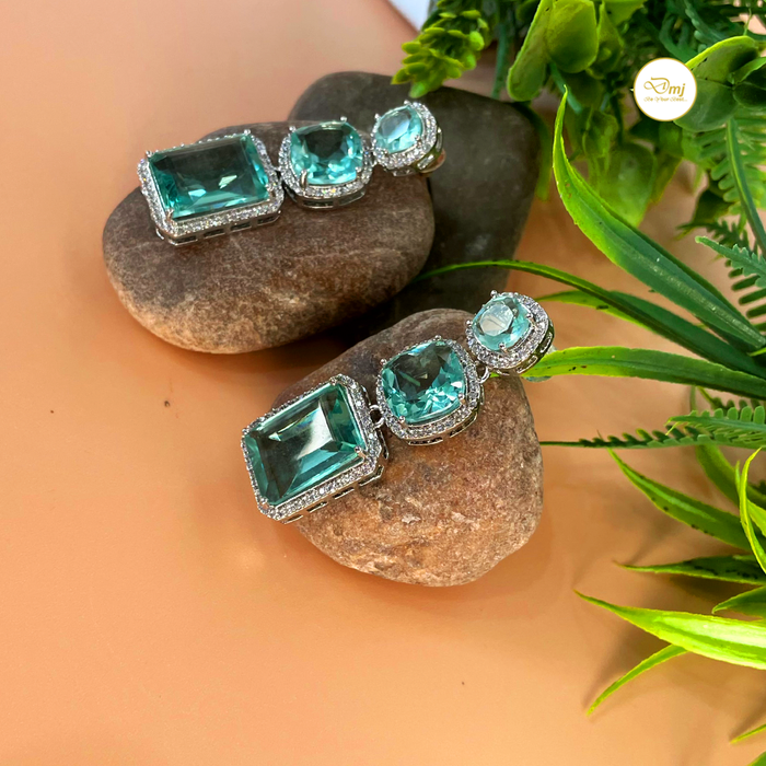 Sparkle with Diwam Jewels: Silver-Plated Aquamarine & CZ Stone Dangle Earrings