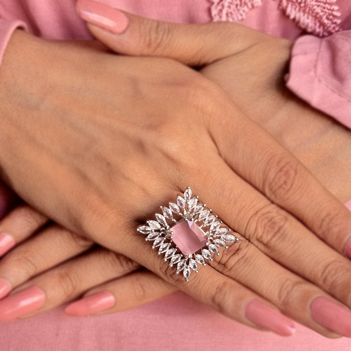 Silver Plated Brass Ring with Rose Quartz and Ad Stones: Elegant Radiance