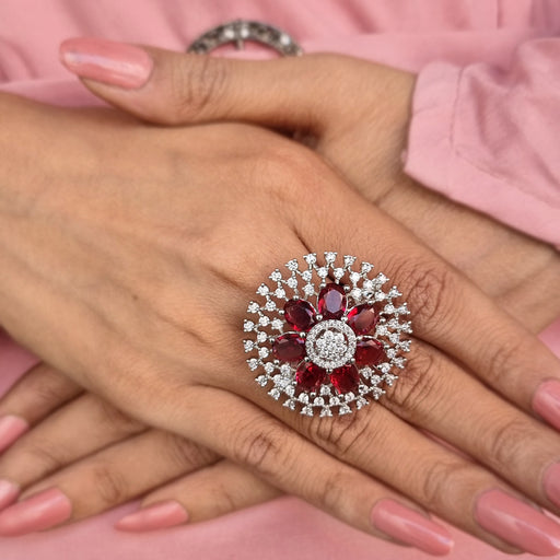 Red Garnet & Ad Stones Studded Silver Plated Ring