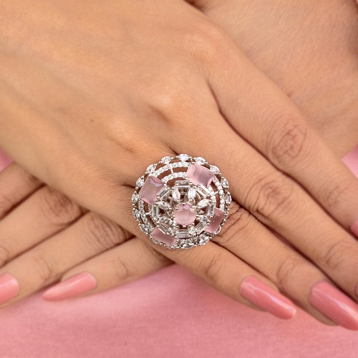 Silver Plated Brass Ring with Rose Quartz and CZ Stones: Timeless Elegance