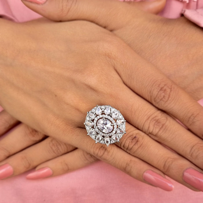 Zircon Stone and CZ Stones Silver Plated Brass Ring: Radiant Elegance