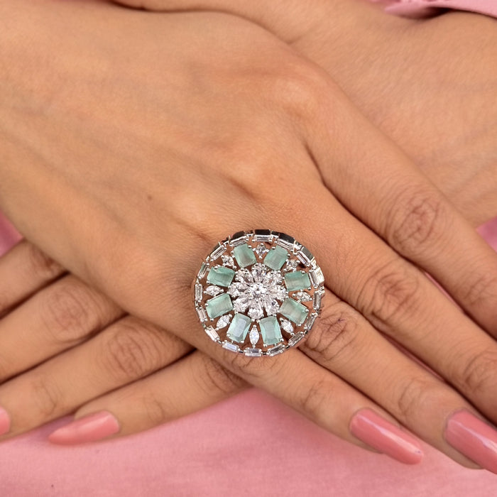 Silver Plated Ring with Aqua Marine and CZ Stones: Ocean-inspired Elegance