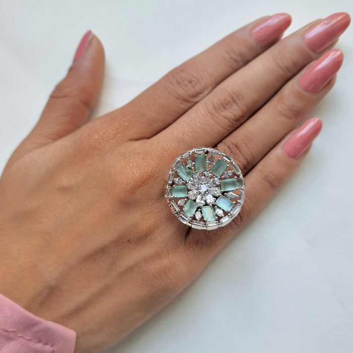 Silver Plated Ring with Aqua Marine and CZ Stones: Ocean-inspired Elegance