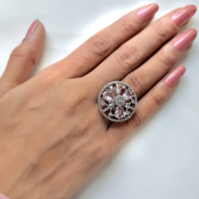 Synthetic Rose Quartz & CZ Stones Silver-Plated Brass Ring