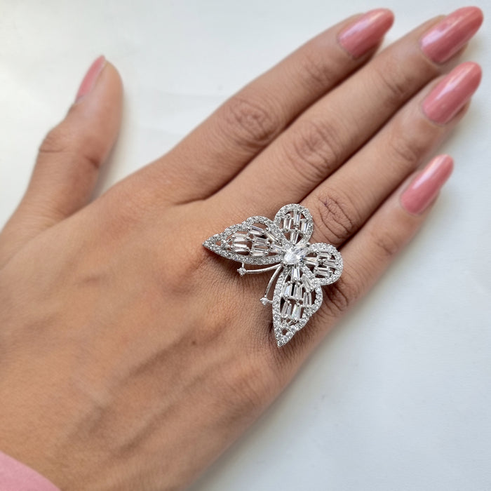 Zircon & American Diamond Stones Studded Butterfly Design Ring