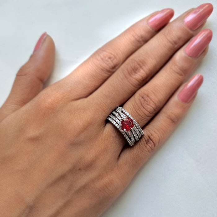 Captivating Ruby & AD Stones Studded Silver-Plated Ring