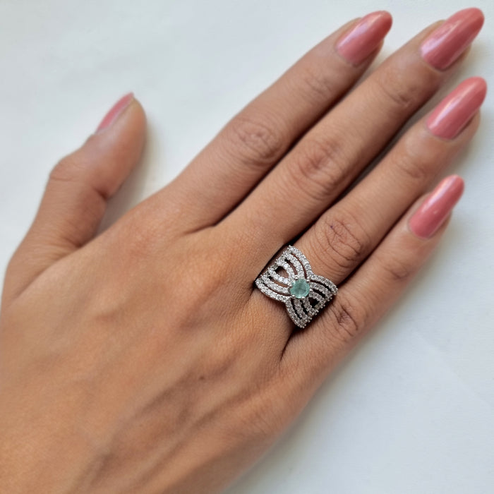 Silver Plated Brass Ring with Aqua Marine and Ad Stones: Oceanic Elegance