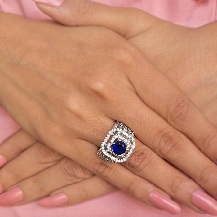 Sapphire Stone and CZ Silver-Plated Ring: Timeless Elegance