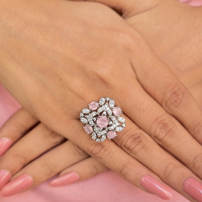 Modern Looking Rose Quartz & Ad Stones Silver Ring
