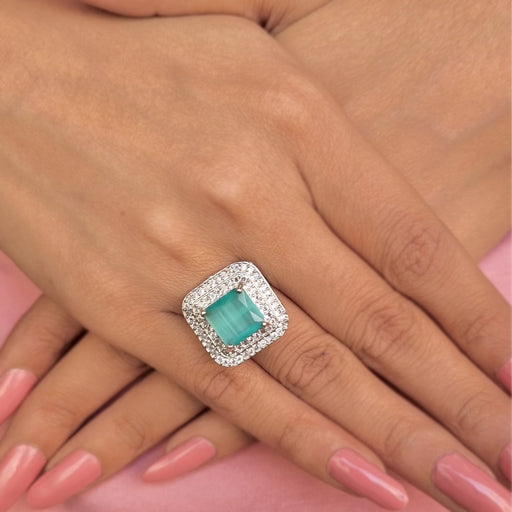 Stylish Captivating Aqua Chalcedony and AD Stone Ring