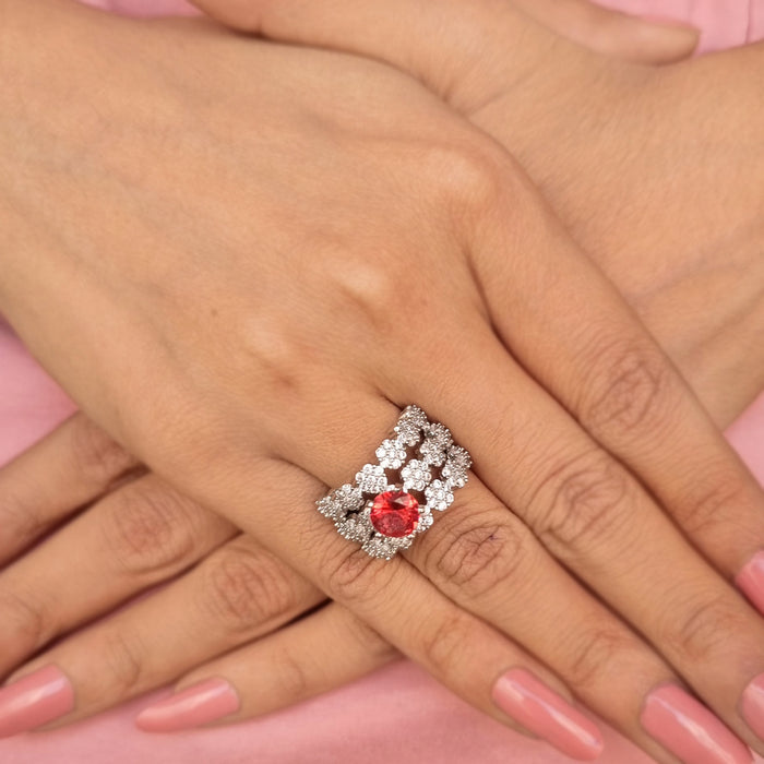 Ruby Red and Ad Stone Silver Plated Brass Ring: Radiant Glamour