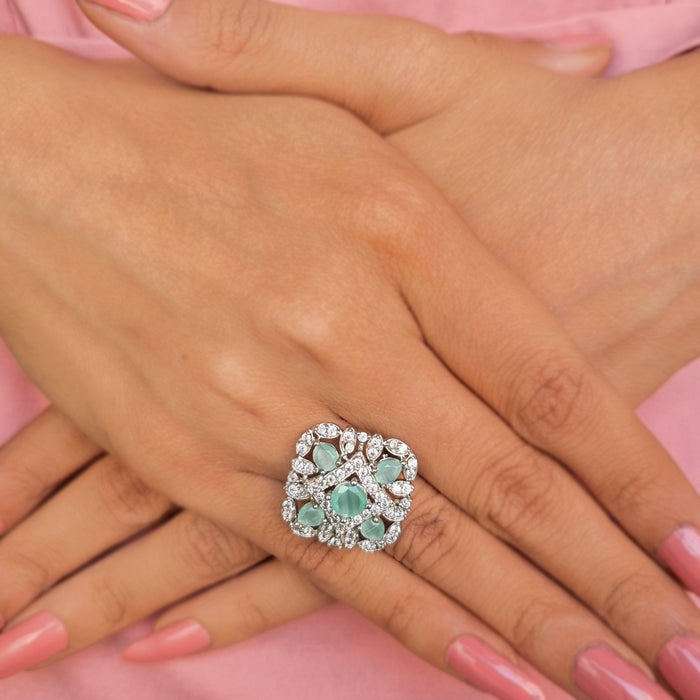 Elegant Ocean Color Aqua Marine & Ad Stones Silver-Plated Ring