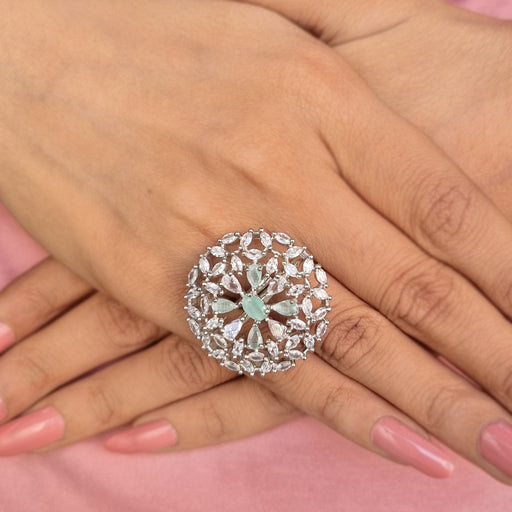 Aqua Marine & AD Stones Studded Silver-Plated Ring