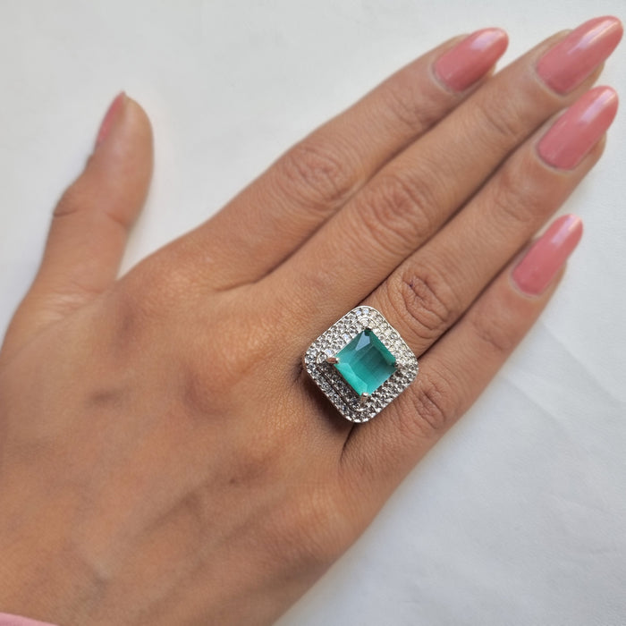 Stylish Captivating Aqua Chalcedony and AD Stone Ring