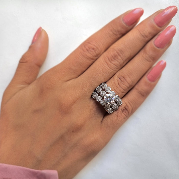 Luxury Sparkling Zircon & AD Stones Studded Silver Plated Brass Ring
