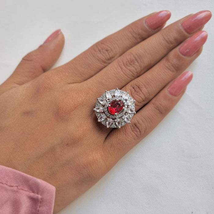 Adjustable Silver Plated Brass Ring with Garnet and CZ Stones: Timeless Charm Ring