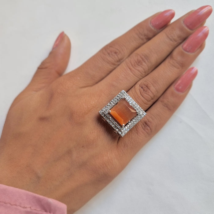 Radiant Yellow Stone and CZ Silver-Plated Ring: Stunning Elegance for Every Occasion"
