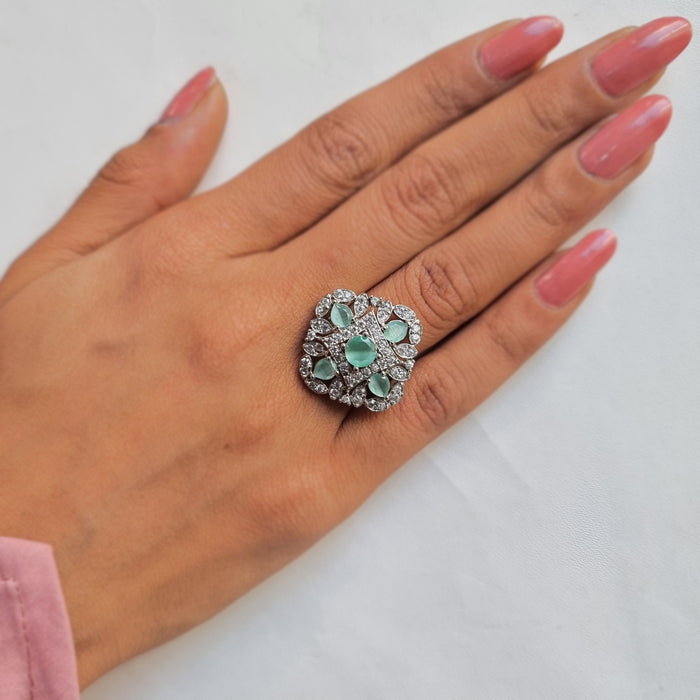 Elegant Ocean Color Aqua Marine & Ad Stones Silver-Plated Ring