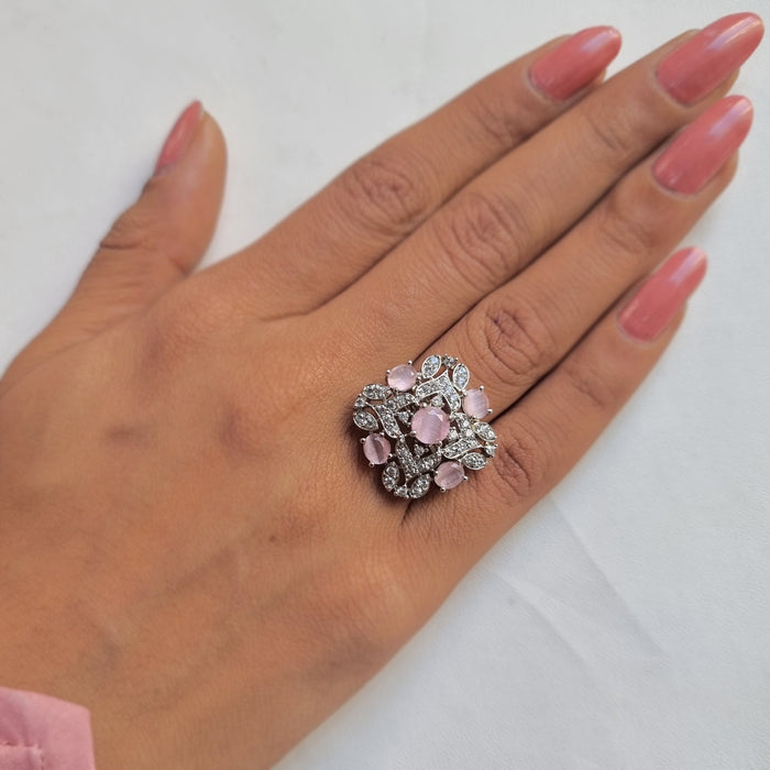 Modern Looking Rose Quartz & Ad Stones Silver Ring