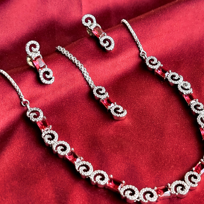 Bridal Ruby Stone Studded Silver Plated Full Jewelry Set