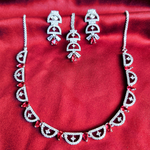 Ruby & CZ Silver Plated Jewellery Set with Necklace, Earrings, Mang Tikka