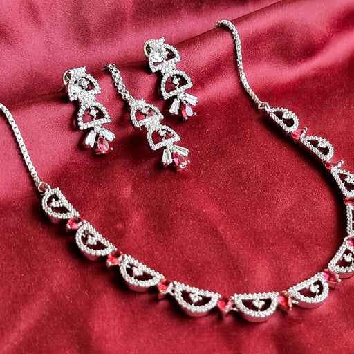 Ruby & CZ Silver Plated Jewellery Set with Necklace, Earrings, Mang Tikka