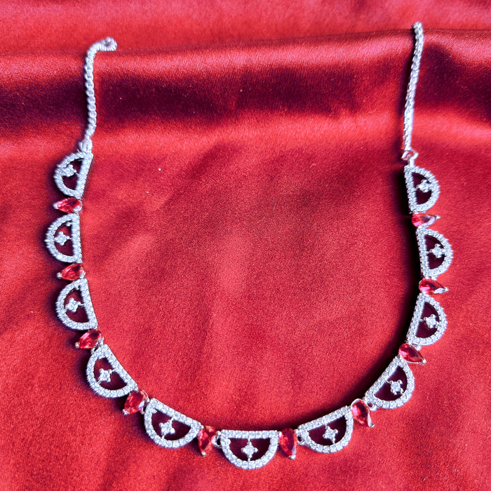 Ruby & CZ Silver Plated Jewellery Set with Necklace, Earrings, Mang Tikka
