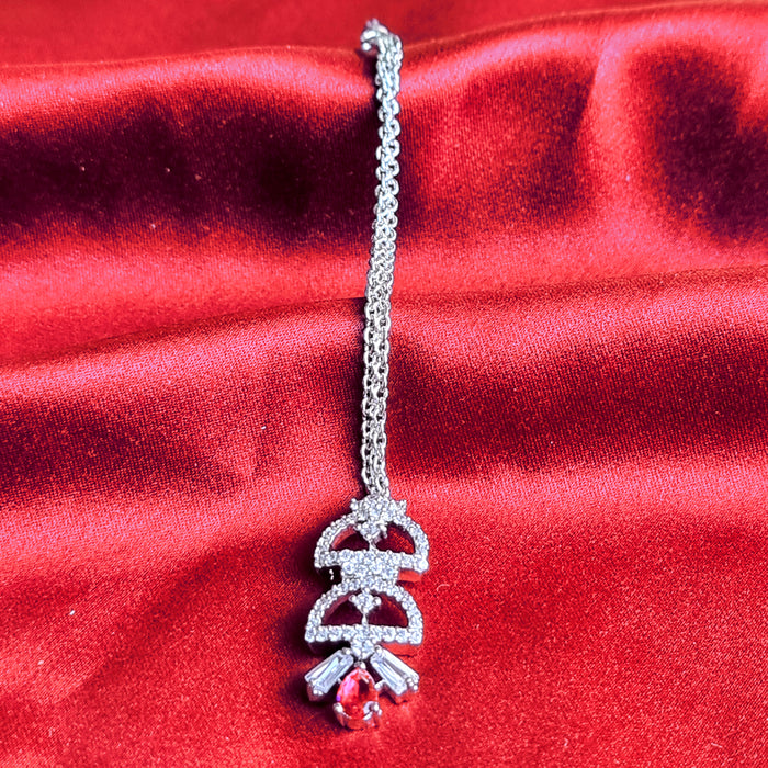 Ruby & CZ Silver Plated Jewellery Set with Necklace, Earrings, Mang Tikka