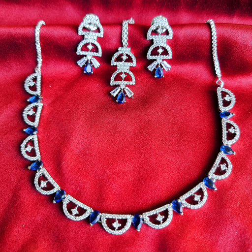 Modern Style Blue Sapphire & CZ Stone Studded Silver Jewellery Set