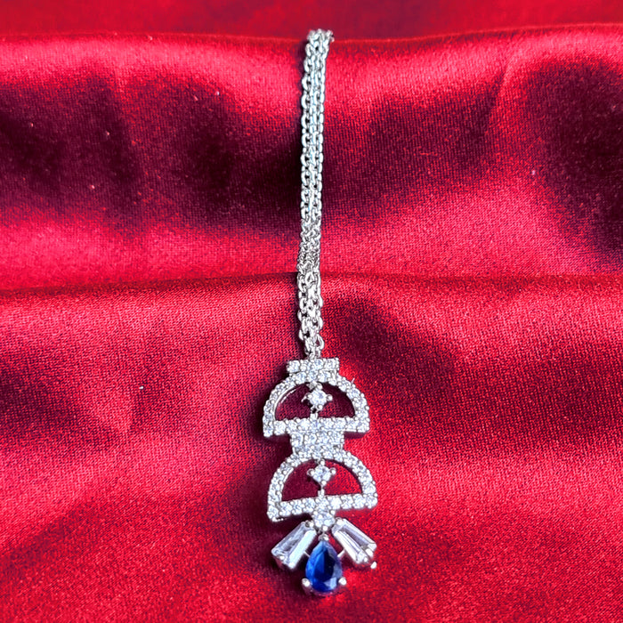 Modern Style Blue Sapphire & CZ Stone Studded Silver Mang Tikka