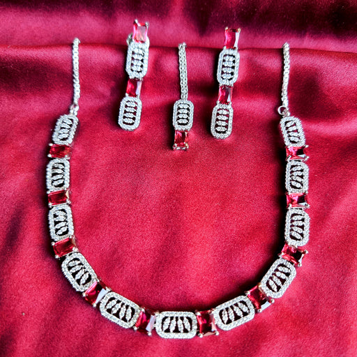 Ruby & CZ Silver Plated Jewellery Set with Necklace, Earrings, Mang Tikka