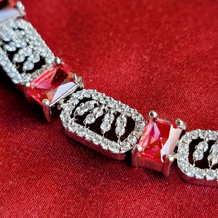 Ruby & CZ Silver Plated Jewellery Set with Necklace, Earrings, Mang Tikka