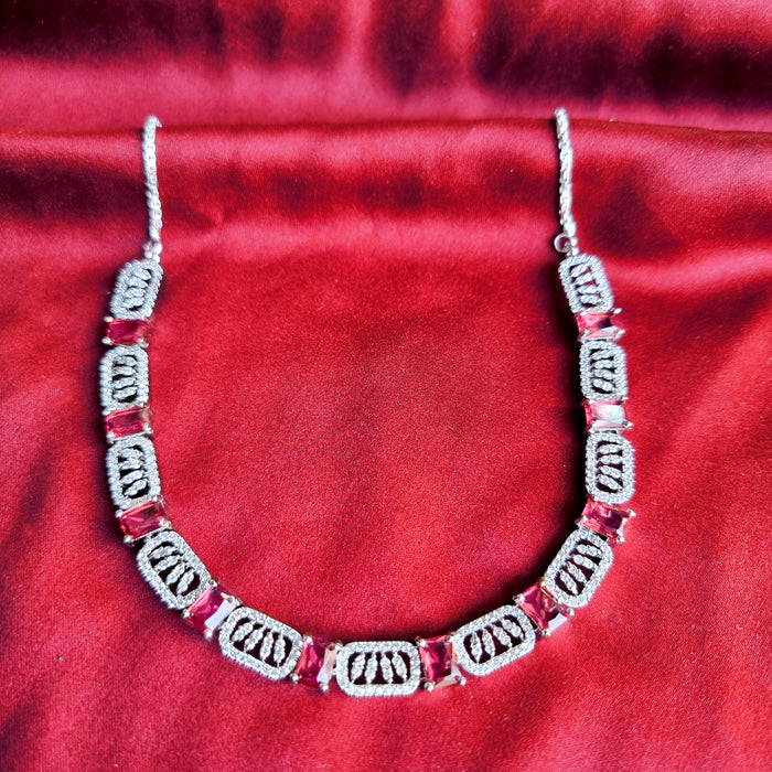 Ruby & CZ Silver Plated Jewellery Set with Necklace, Earrings, Mang Tikka