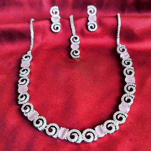 Silver Plated Jewelley Set of Rose Quartz & CZ with Necklace, Earrings, Mang Tikka