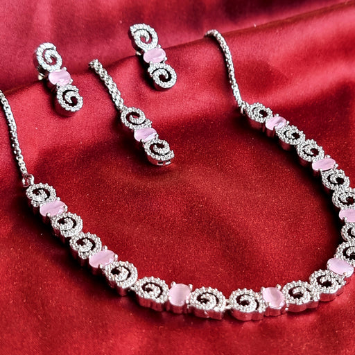 Silver Plated Jewelley Set of Rose Quartz & CZ with Necklace, Earrings, Mang Tikka