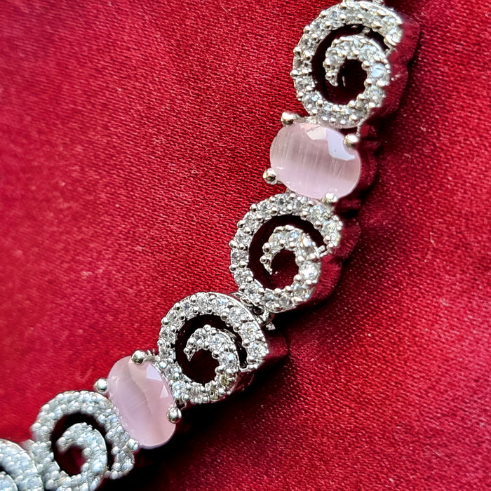Silver Plated Jewelley Set of Rose Quartz & CZ with Necklace, Earrings, Mang Tikka