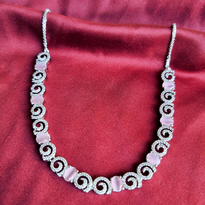Silver Plated Jewelley Set of Rose Quartz & CZ with Necklace, Earrings, Mang Tikka
