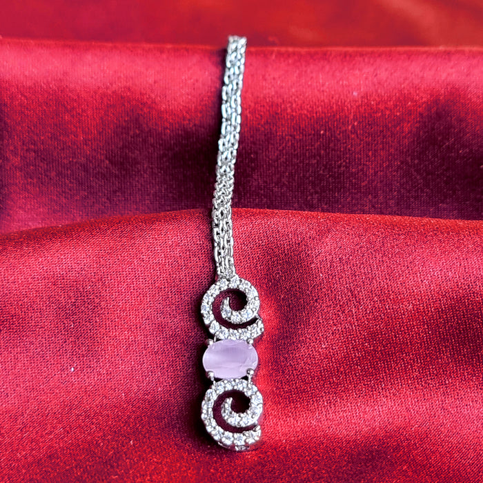 Silver Plated Jewelley Set of Rose Quartz & CZ with Necklace, Earrings, Mang Tikka