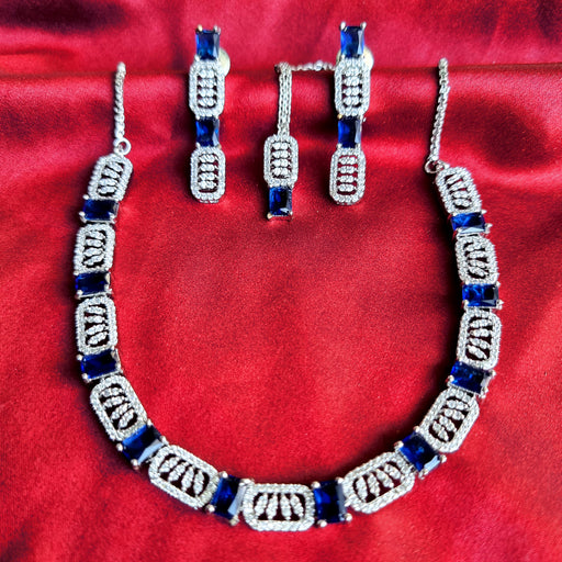 Blue Sapphire & CZ Silver Complete Jewellery Set with Necklace, Earrings, and Mang Tikka