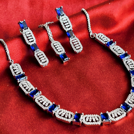 Blue Sapphire & CZ Silver Complete Jewellery Set with Necklace, Earrings, and Mang Tikka