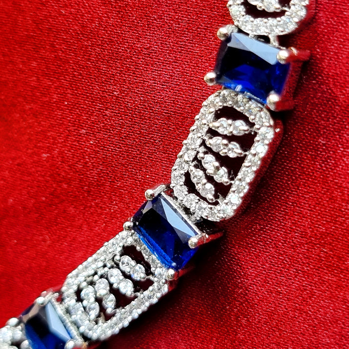 Blue Sapphire & CZ Silver Complete Jewellery Set with Necklace, Earrings, and Mang Tikka
